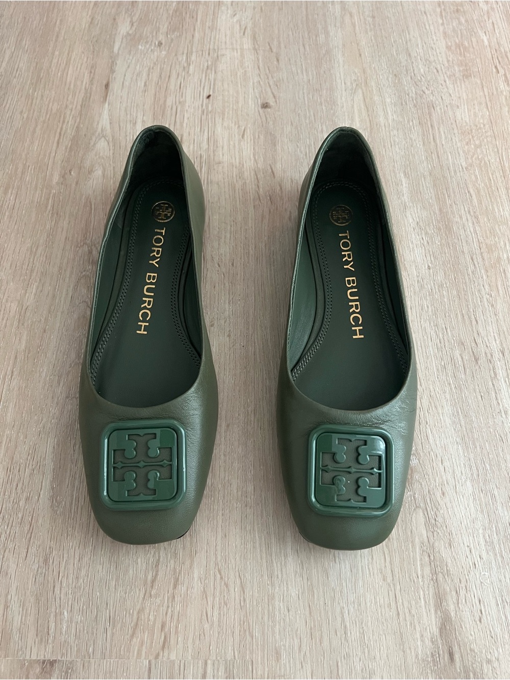 Tory Burch Military Olive Leather Logo Flats